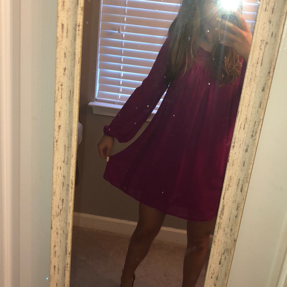 Lace Detail Magenta Long Sleeve Dress